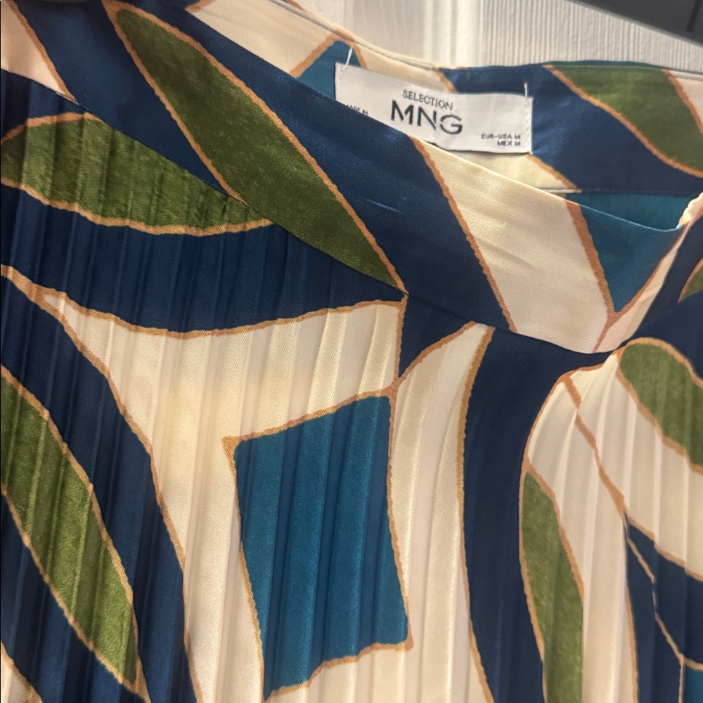Mango Blue and Green Leaf Print midi skirt